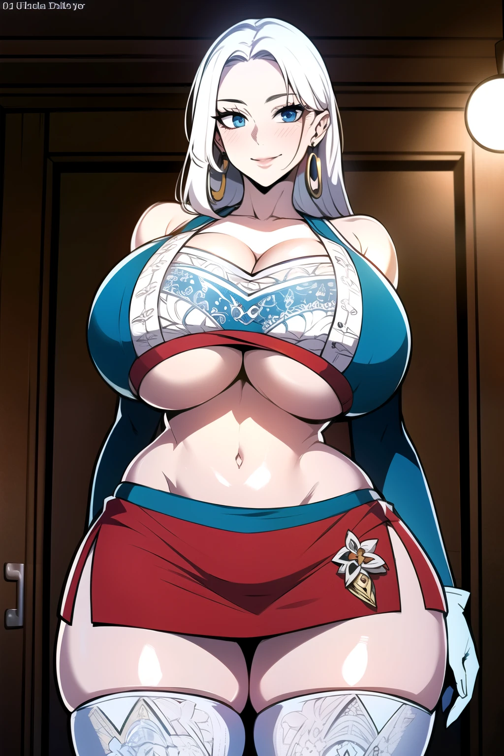 ultra realistic 8k cg, masterpiece, ((ultra detailed background, intricate detail, highly detailed, fine details best quality, hyperdetailed face)), gigantic breasts ,beautiful lighting, absurdres, BoaHancockV2, 1girl, solo, white hair, long hair, jewelry, closed mouth, ), cleavage, (arabian dancer outfit : 1.1), (underboob : 1.4), elbow gloves, thigh boots, miniskirt, bare shoulders,, bare shoulders, curvy, midriff, curvy, thighs, shiny clothes), blue eyes, complex detailed background, indoor, palace), ((cowboy shot)), curvy, (gigantic breasts: 1.4), seductive smile, cowboy shot, earrings, jewelry