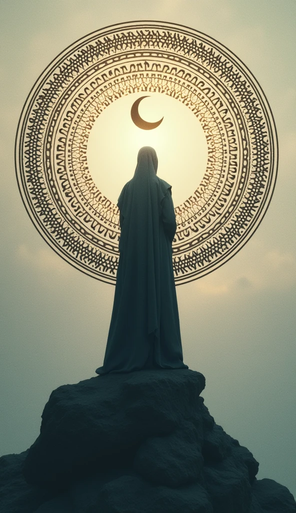 "Create a high-quality, 8K symbol for 'Kon Murshid?' with a Sufi-inspired aesthetic. The icon should incorporate a mystical figure or silhouette with subtle Islamic geometric patterns and a crescent moon. The design should be simple yet evocative, clearly representing the spiritual and introspective essence of the phrase 'Kon Murshid?'."