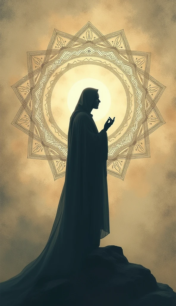 "Create a high-quality, 8K symbol for 'Kon Murshid?' with a Sufi-inspired aesthetic. The icon should incorporate a mystical figure or silhouette with subtle Islamic geometric patterns and a crescent moon. The design should be simple yet evocative, clearly representing the spiritual and introspective essence of the phrase 'Kon Murshid?'."
