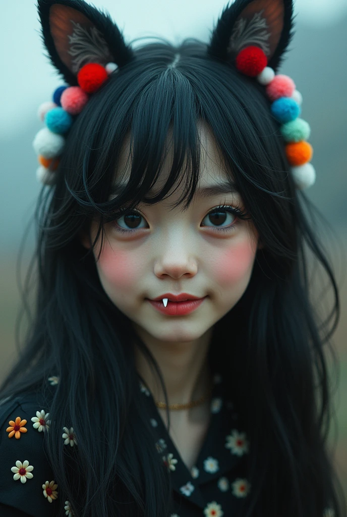 black hair, hair bobbles, wince, longeyelashes, solid circle eyes, fake animal ears, light smile, ear blush, fang, ccurate, Surrealism, drop shadow, anaglyph, stereogram, tachi-e, pov, atmospheric perspective, 8k, super detail, best quality