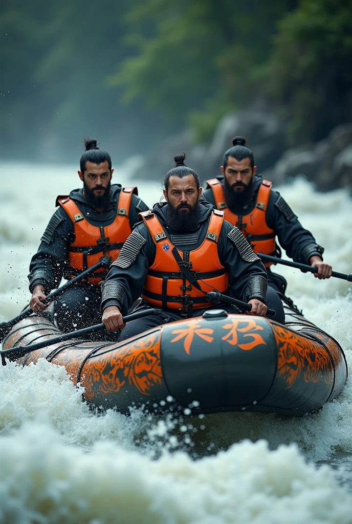 Highest quality、Ultra-high resolution、8k、RAW Photos、Japanese Samurai、group、((Enjoy rafting))、Expressionless、Torrent、warrior、armor、pocket、knife、beard、Splash、cinematic lightening、Wearing an orange life jacket