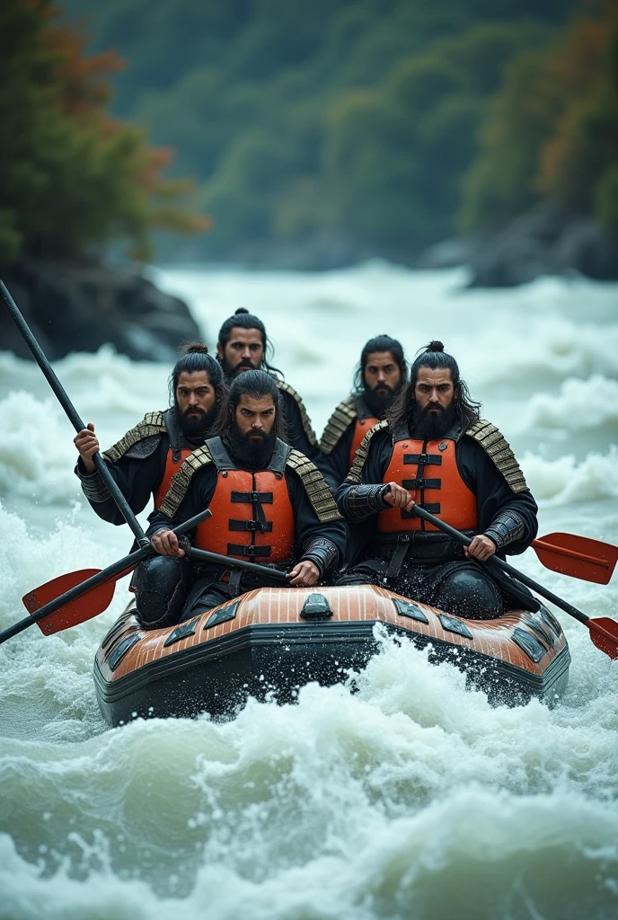 Highest quality、Ultra-high resolution、8k、RAW Photos、Japanese Samurai、group、((Enjoy rafting))、Expressionless、Torrent、warrior、armor、pocket、knife、beard、Splash、cinematic lightening、Wearing an orange life jacket