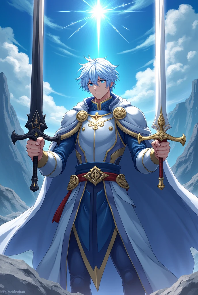 A male anime character with light blue hair. He is a brave knight. His weapons are two holy swords. The first one is a pure white sword with a light aura. The second one is a pitch-black sword with a dark aura.