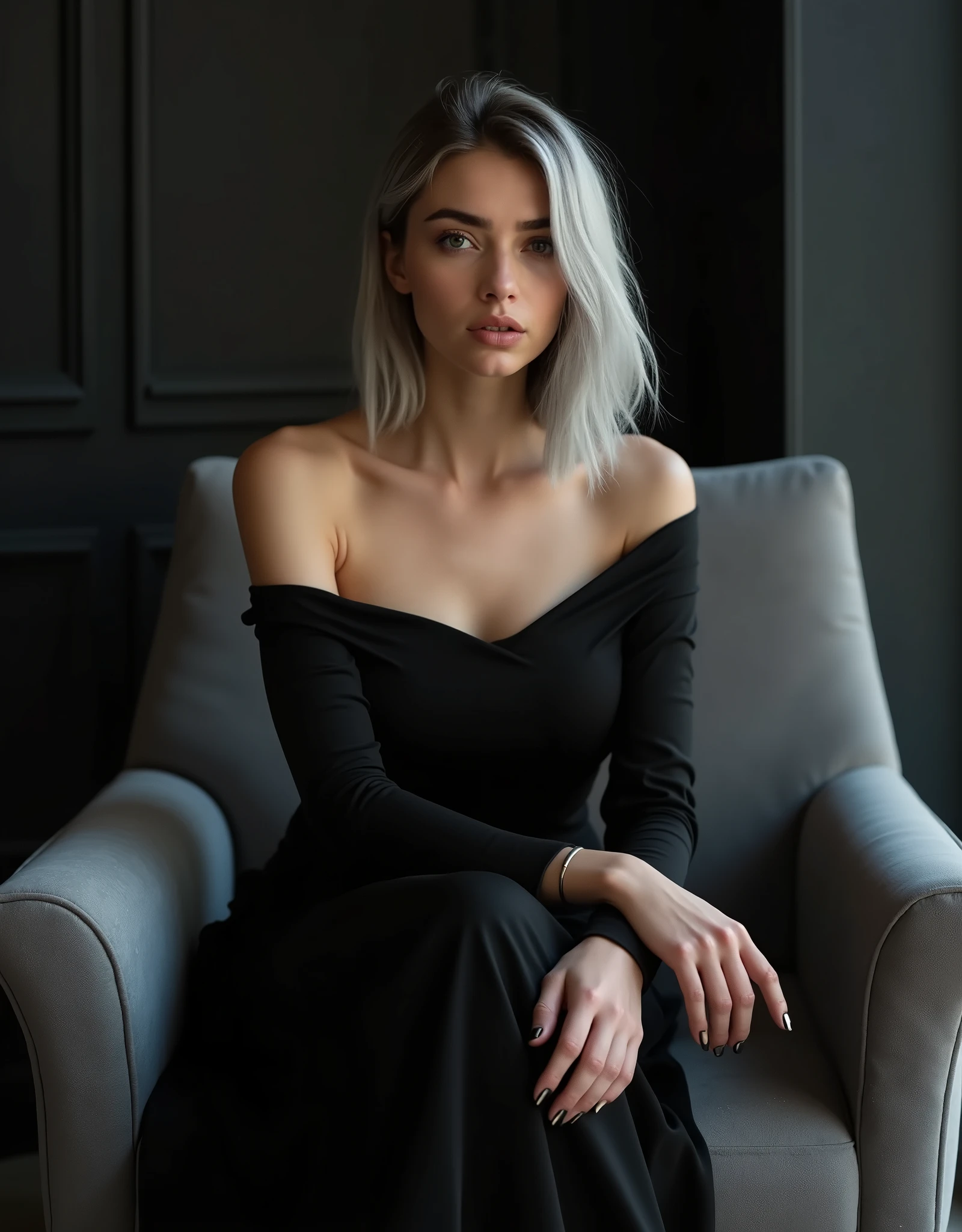 Girl sits elegantly on a modern soft chair, looks straight, Sits up straight, Against the background of a dark room, black off shoulder top, light gray medium length hair, good lighting, realistically, photo