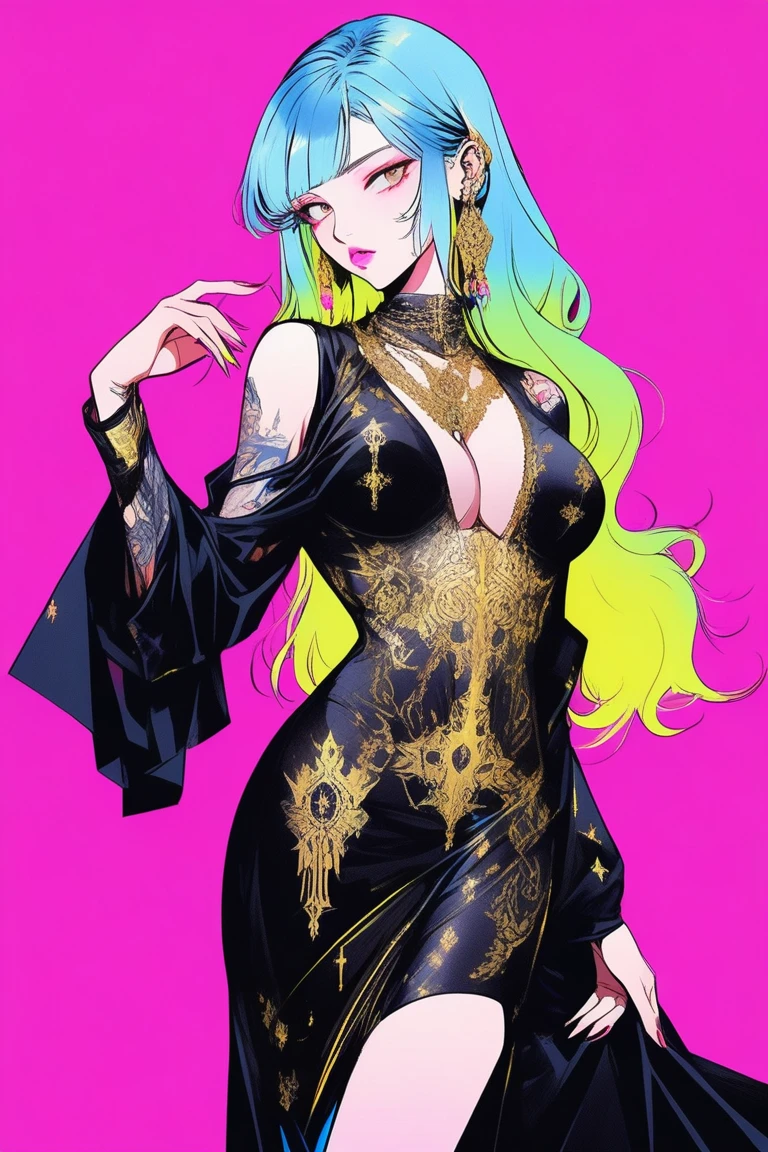 Illustrator, anime , Realistic ,sketch , 1 person, model, Age 25, lip, Sexy and revealing black and gold sheer priest dress（Holy Gun）, order, Blue and pink gradient background, Neon Hair, Big Breasts, Her cleavage is visible, look back, Upper Body, Sexy look, Texture Trim, Russia, (masterpiece,Highest quality)