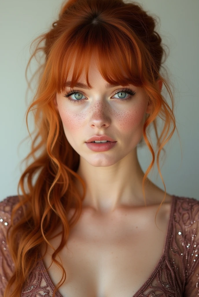Light coloured eyes, (Jessica chastain), beautiful average looking woman, dress, (looking at the camera:1.4), (highest quality), (best shadow), intricate details, interior, (ginger hair:1.3), white studio, rich colors, freckles, cleavage ,(ponytail:1.4), wavy hair, (bangs:1.4), ultra realistic photo, masterpiece, Polaroid, Kodak portra 800, dof 85mm, bokeh, (thick body :1.2),