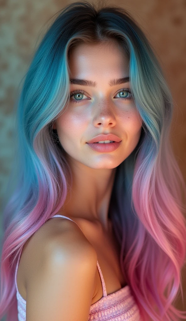 A cute fit 18 year old woman with long pink-to-blue gradient hair, a kodachrome picture film