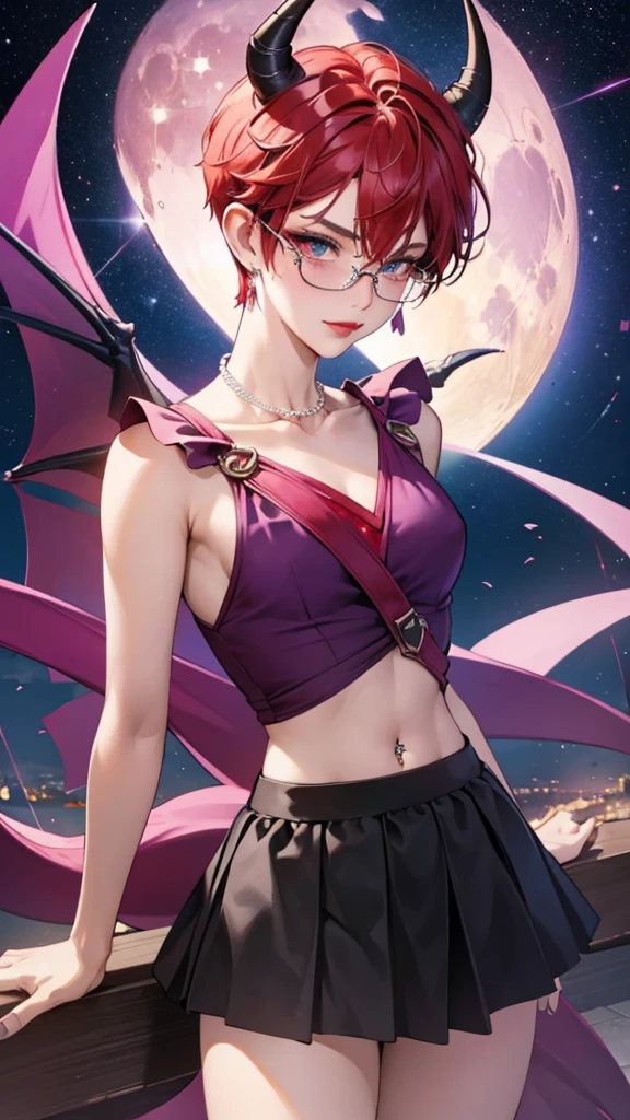 8k, masterpiece, best quality, highly detailed, 1 girl, tiefling, warlock, pixie cut, multicolored hair, very short straight hair red highlight hair on white hair, strippled hair, wearing glasses, round glasses, earrings, navel piercing, red eyeshadow, long eyelashes, blushed cheek, red lips, pearl necklace, rings, collarbone, mole on face, glamorous, teal and purple clothes, sleeveless, miniskirt, smirk, close up view, rings, looking at viewer, demon horns, solo, starry sky, pale blue moon, standing, boxing stance, demonic arms, chains on the background, black lace gloves, left arm crossed, show right armpit.