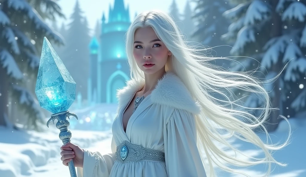 (((pretty ice scorceress))) ((crystal ice staff))((magical white crystal robes)) gorgeous, alluring, playful, whimsical (((long straight platinum hair,)) Intricate, hyperdetailed, ((magical ice castle forest)) insanely detailed fantasy, HDR ((dnd)) (pure face) perfect features, (bright sunlight and shadows) charming, epic colors, fantasy, ((skyrim)) hyperrealism, snow, hyper detailed, Jean Baptiste Monge, Carne Griffiths, Michael Garmash, seb mckinnon
