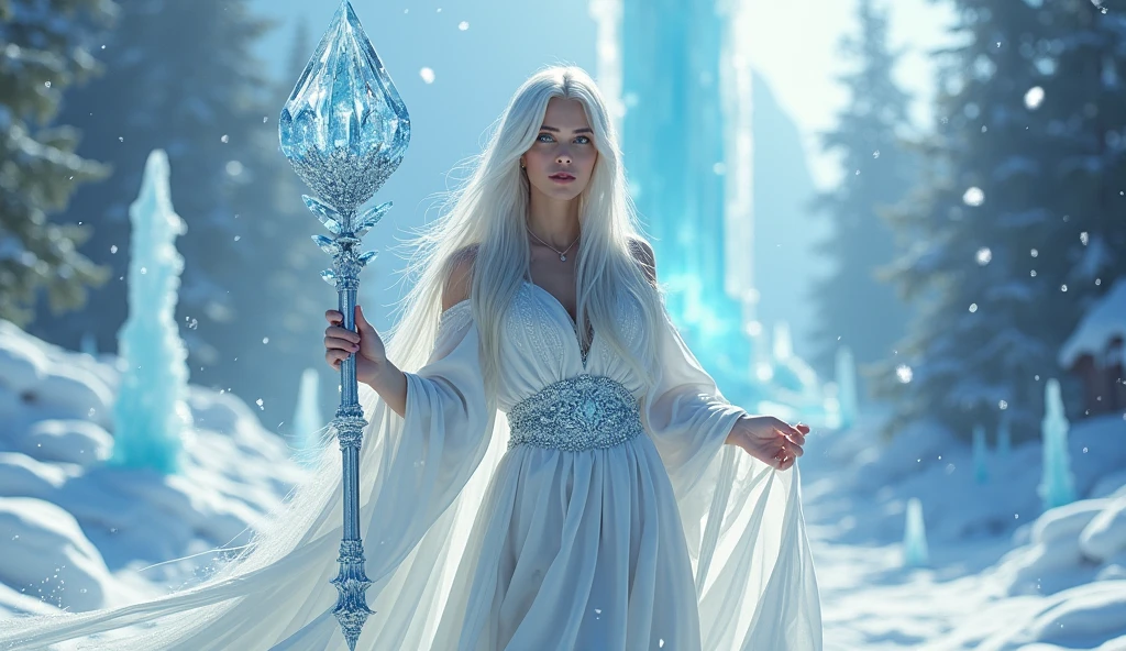 (((pretty ice scorceress))) ((crystal ice staff))((magical white crystal robes)) gorgeous, alluring, playful, whimsical (((long straight platinum hair,)) Intricate, hyperdetailed, ((magical ice castle forest)) insanely detailed fantasy, HDR ((dnd)) (pure face) perfect features, (bright sunlight and shadows) charming, epic colors, fantasy, ((skyrim)) hyperrealism, snow, hyper detailed, Jean Baptiste Monge, Carne Griffiths, Michael Garmash, seb mckinnon
