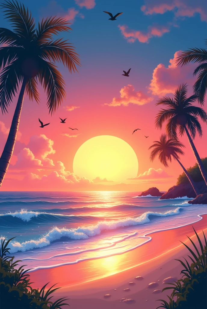 The sunset of an animated beach