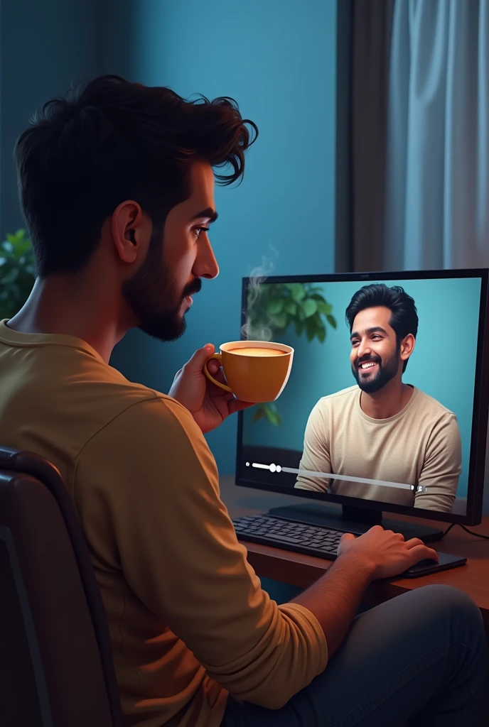A man was watching a video of dhurav rathy
And he is drinking tea