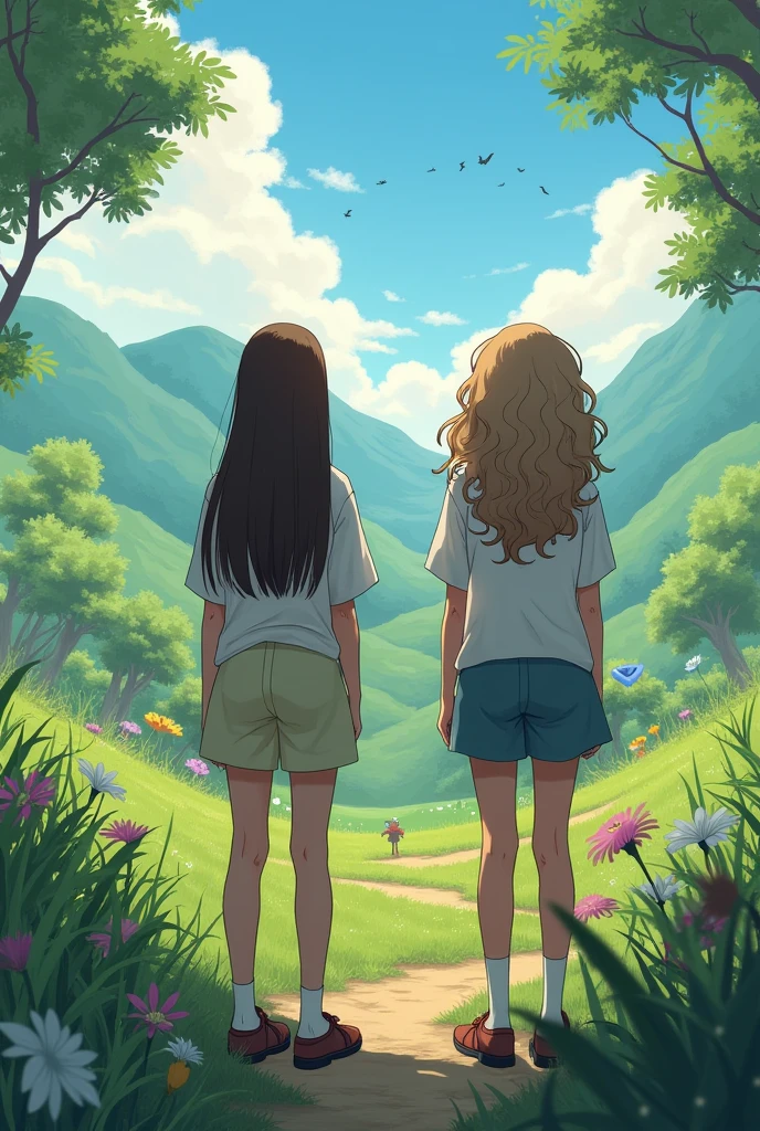 A pokemon landscape with two pretty girls, a straight brunette and a white-haired girl with brown hair and curls, both are the same height, both have long, loose hair, they are facing away from each other so their faces cannot be seen.
