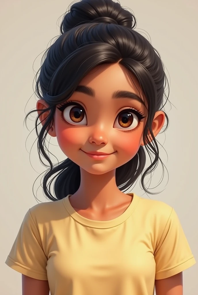 A detailed portrait of an 14-year-old female indian teenager. She has a frame, a youthful glow to her complexion, expressive eyes filled with curiosity, and a dimpled smile. She has medium-length hair tied up in a casual ponytail. She is wearing a comfortable stylis t shirt