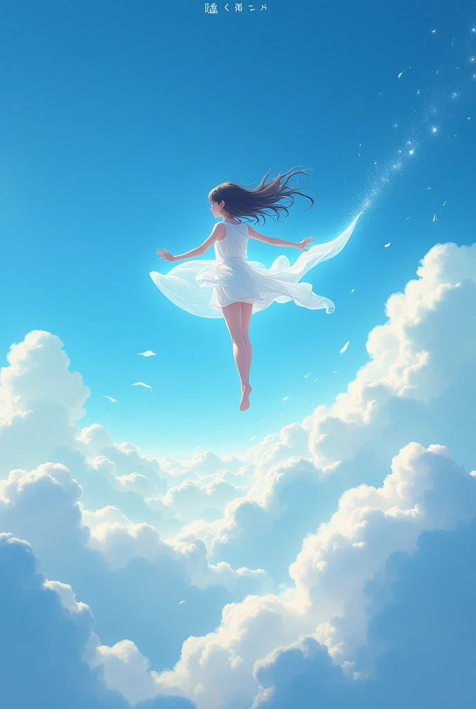 A girl sitting in a ship made of light and flying while walking in the air touching the clouds in the sky