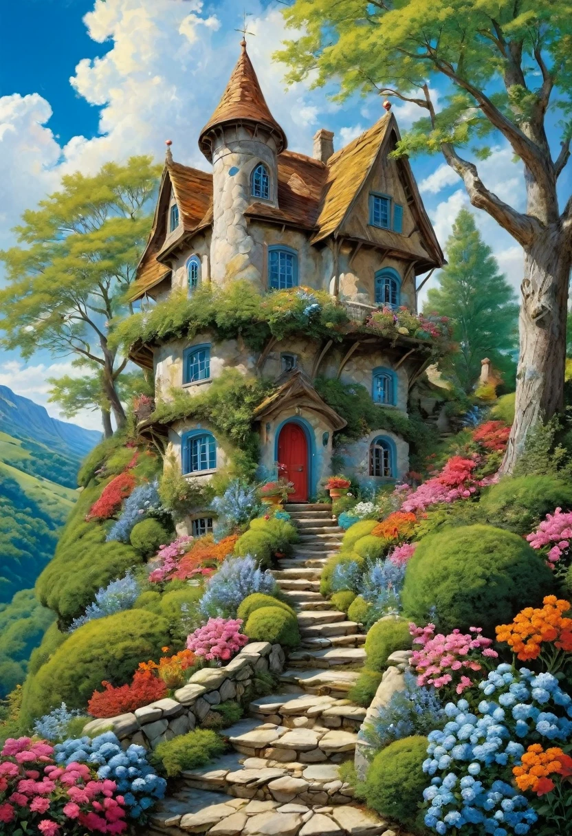Vibrant, detailed digital painting of a whimsical, multi-story house perched on a rocky cliff. The house features a mix of wooden and stone elements, with steep, red-tiled roofs and multiple chimneys. The structure is surrounded by lush greenery, including trees, bushes, and colorful flowers, creating a lively and enchanting atmosphere. The sky is filled with fluffy, white clouds against a bright blue backdrop, adding to the overall cheerful and magical feel of the scene. The painting is rich in color and texture, with intricate details that bring the fantasy setting to life.