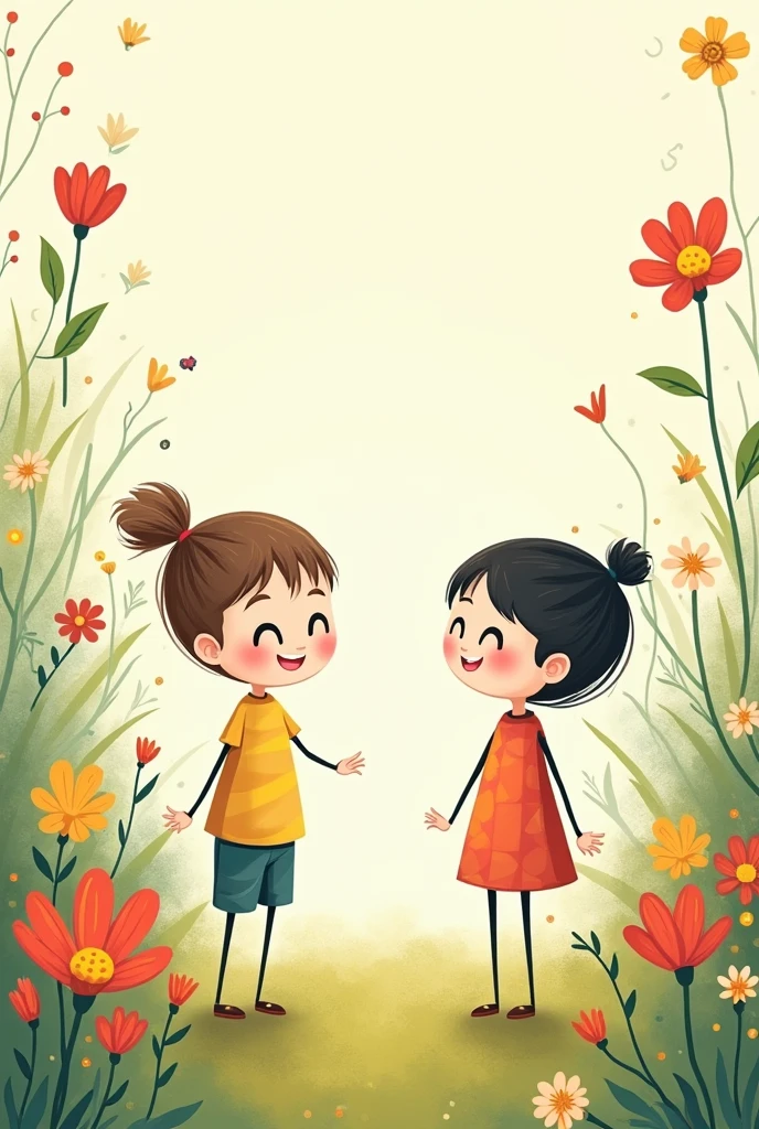 two kids in a stick figure animation, standing, in a garden