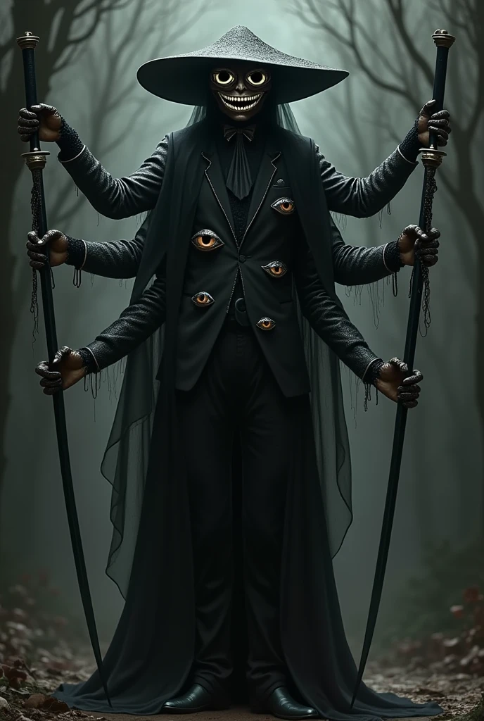 build
A black person wearing a large hat with eyes in the middle.
On the face there are 6 eyes.
has a white smiling mouth
Wearing a black suit and black pants, there are many eyes on the shirt and pants.
There is a black veil.
Complete with 4 arms
There were clawed hands all around.
with black swords surrounding him