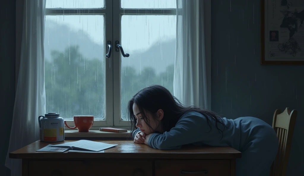 a girl lying on the desk and looking out the window at the falling rain