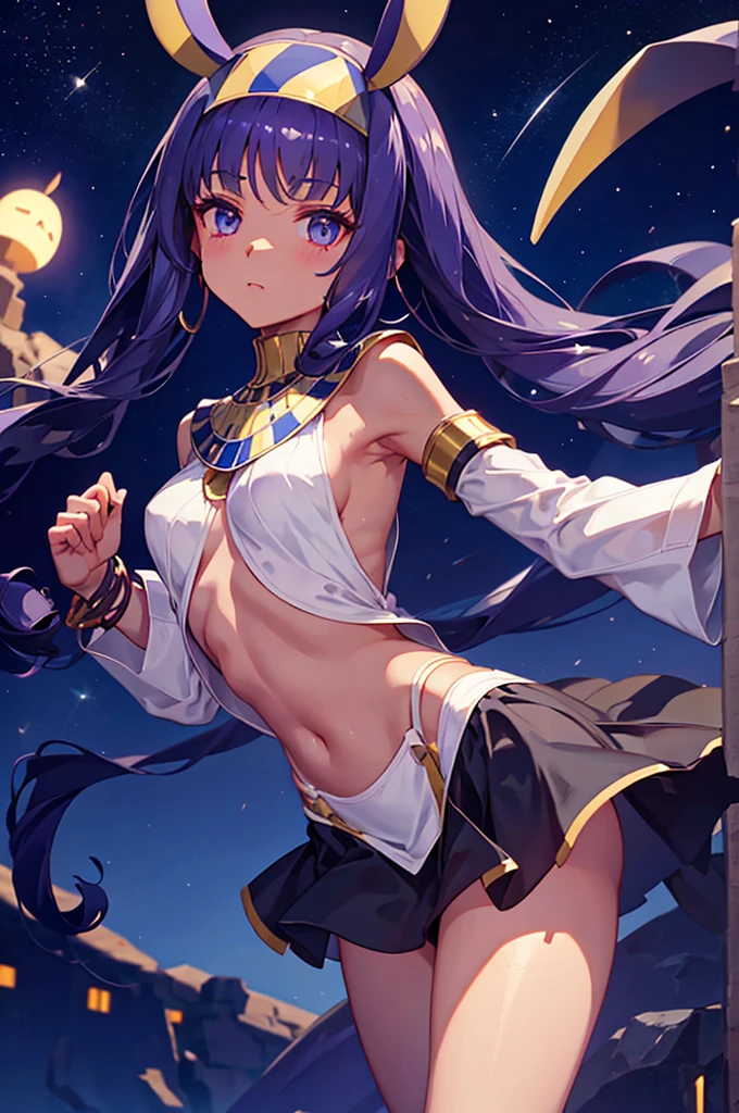 Black background with spotlight,　White jacket、White mini skirt、Nitocris, In the desert、Stars shine in the night sky、beautiful girl、Raise your arm and show your armpit.