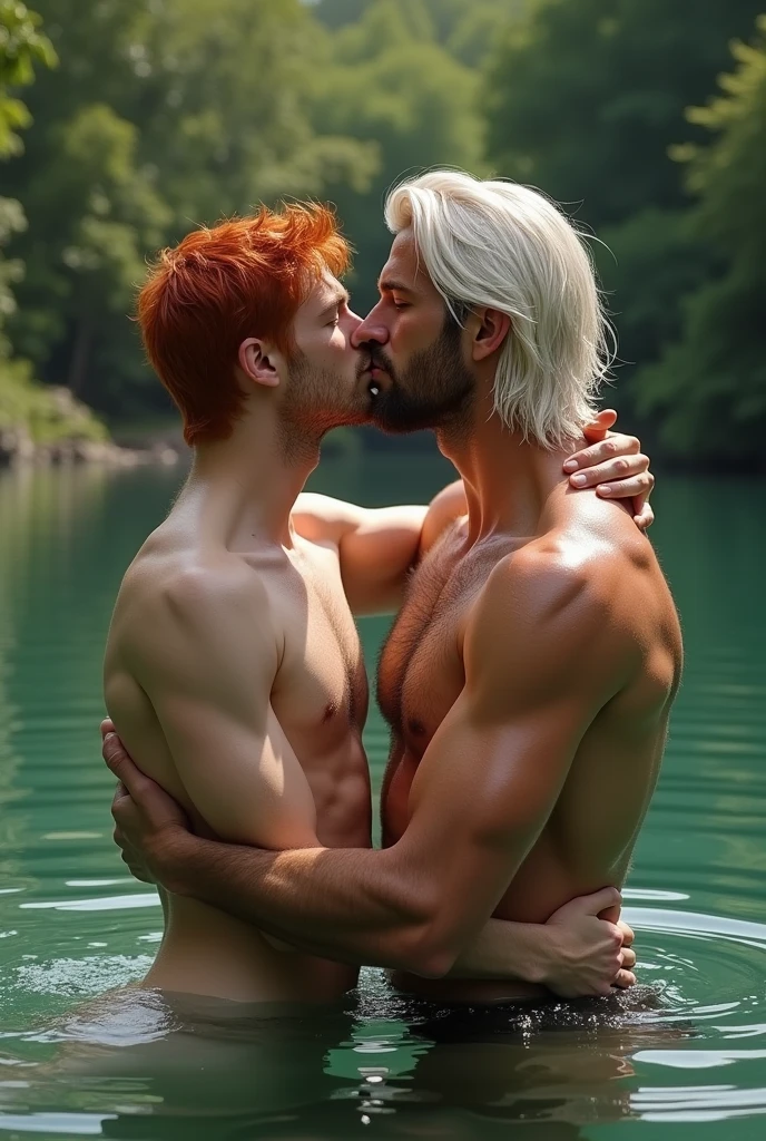 two mens, an 18 year old young man, red hair, corpo magro e red hair,  and a man with long, white hair and a youthful appearance, much taller than the red-haired man, apparently 30 year old hairy chest, muscular and sexy taking a bath in a lake kissing