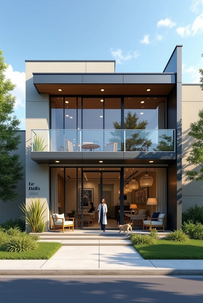 Main facade of veterinary clinic with side patio

