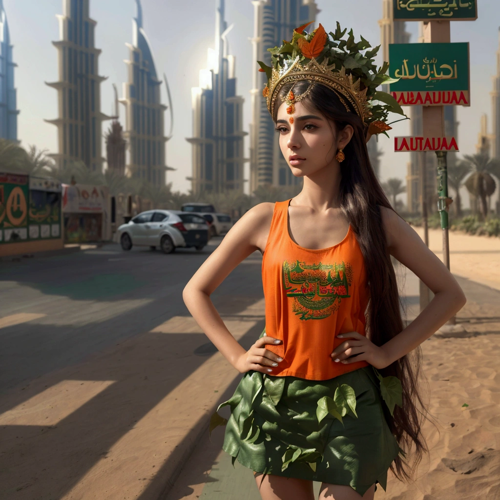 17yo, (A beautiful Spanish-Pakistani woman with long, flowing hair, wearing an orange tank top and a short green leaf skirt:1.3), adorned with a crown made of leaves, (standing in front of a sign that says "Dubai" in an urban setting in the United Arab Emirates:1.35), (best quality,4k,8k,highres,masterpiece:1.2),ultra-detailed,(realistic,photorealistic,photo-realistic:1.37),beautiful detailed eyes,beautiful detailed lips,extremely detailed eyes and face,longeyelashes,intricate leaf crown,orange tank top,green leaf skirt,urban Dubai cityscape,vivid colors,warm lighting,cinematic composition
