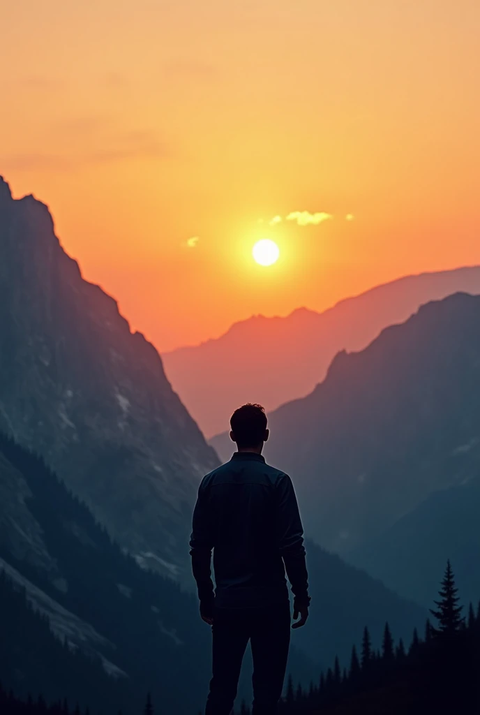 Silhouette of a man in the distance against the backdrop of mountains at sunset