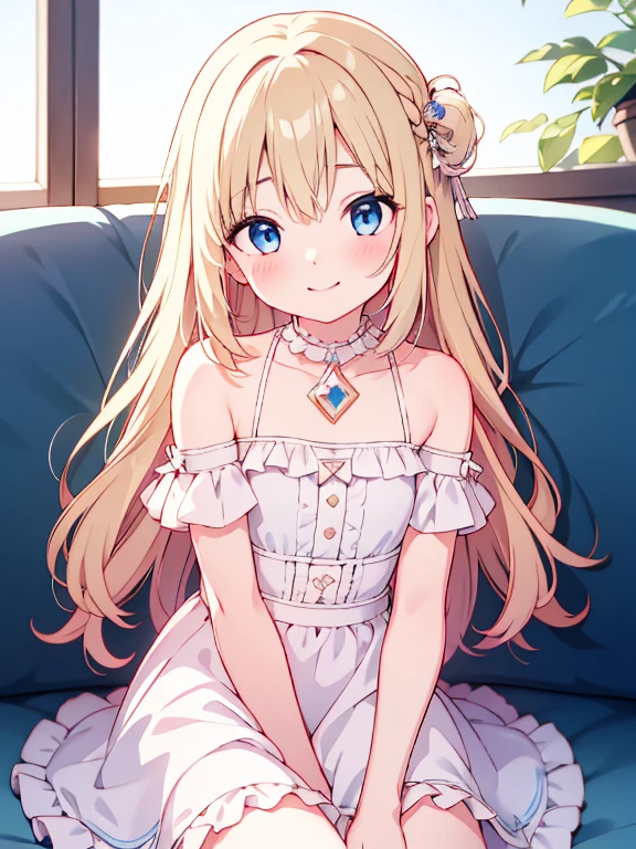 Highest quality、Ultra-high resolution、Highly detailed face、Eye highlights、（One girl、cute、、Blue Eyes、Long wavy blonde hair、smile、Innocent expression）、White dress、Sit on the sofa、Gaze Here、Anatomically correct and accurate depiction of the human body