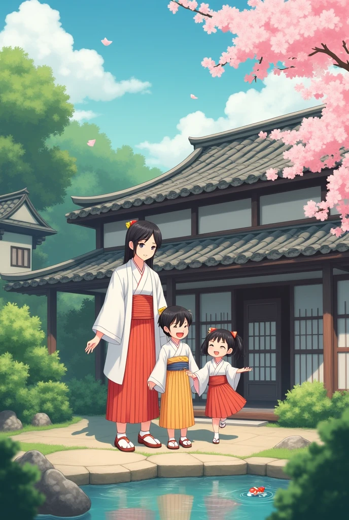 A traditional Japanese Family with cutee kids and traditional house