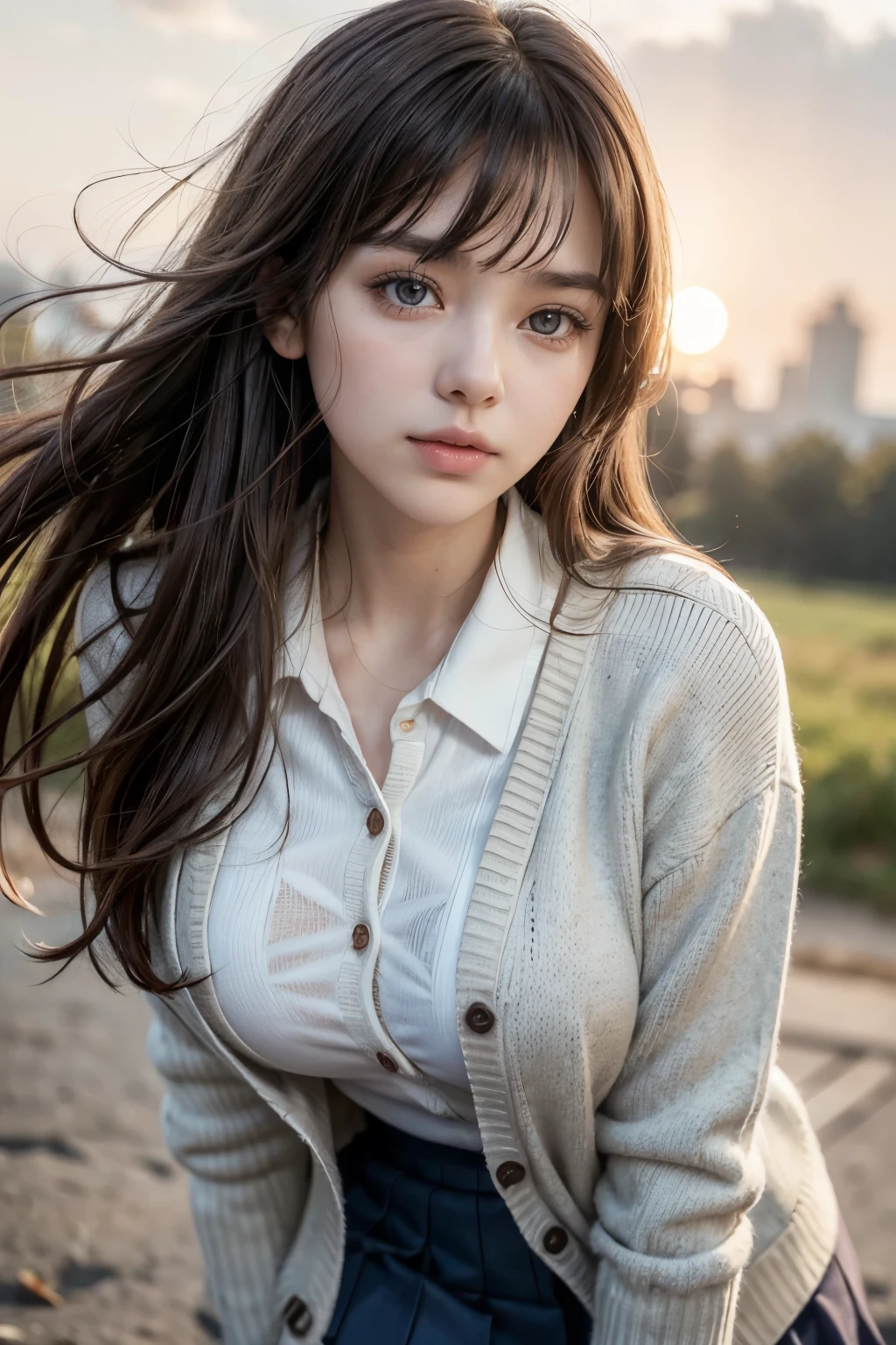 (A beautiful young girl with symmetrical facial features), (long wind-blown hair), ((wearing a school uniform with a cardigan)), bangs, thigh,looking down at the viewer, sunset lighting, ((large breasts)), detailed eyes, detailed lips, extremely detailed face, long eyelashes, intricate details, photorealistic, high quality, 8k, best quality, masterpiece, cinematic lighting, dramatic lighting, natural lighting, warm colors, soft focus, depth of field, elegant, serene, beautiful, captivating, ((From below)),(bent forward:1.5)