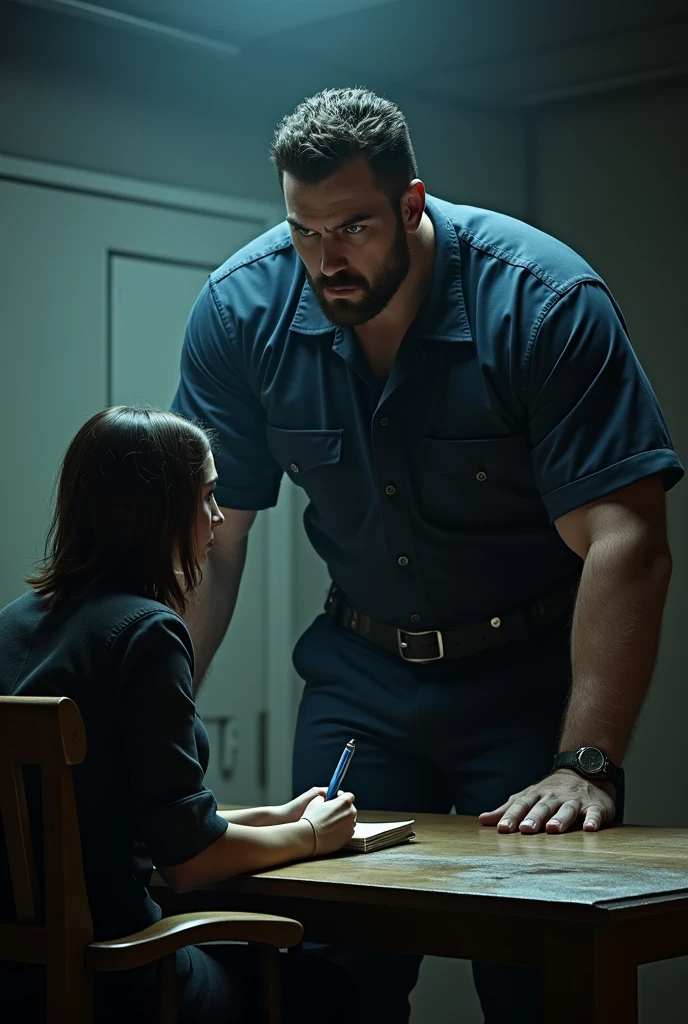 tall and strong man, dark brown hair, asymmetrical face, big lips, dark shaped eyes, wearing typical police investigator clothes , looking at a red haired woman with blue eyes holding a diary in her hands ( interrogation room scene) realistic footage