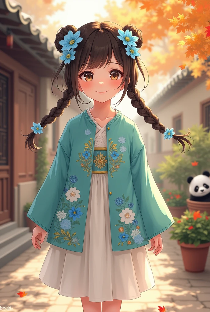 A charming young girl in traditional East Asian attire, anime style, featuring a turquoise jacket with floral patterns and a flowing white skirt. She has two playful braids adorned with delicate blue flowers. The scene is set in a serene courtyard with a rustic wall and a wooden door, where a small, adorable panda peeks out from behind a flower pot. Gentle autumn leaves are falling around, adding a whimsical touch to the atmosphere, illuminated by soft, warm sunlight casting gentle shadows on the ground.