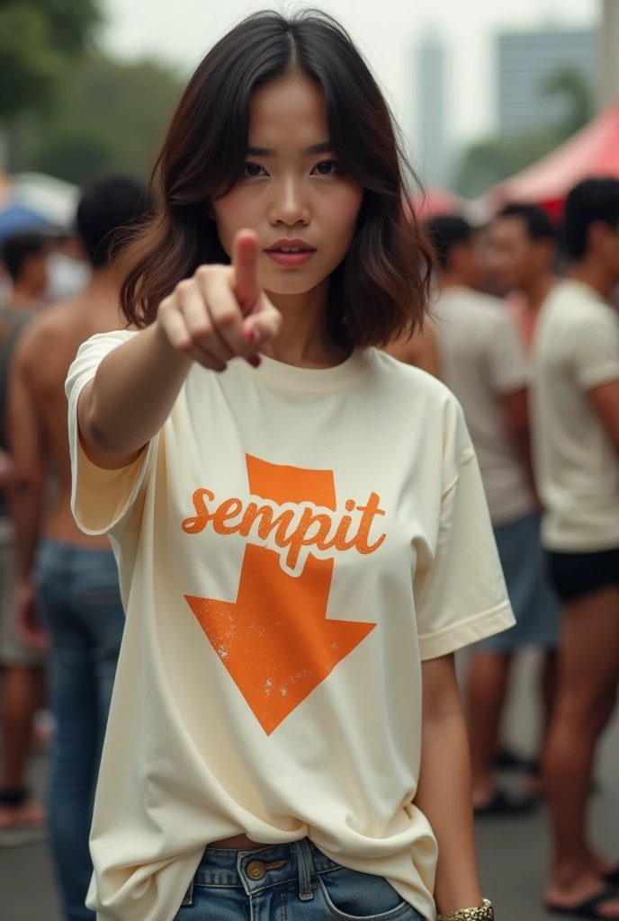 A beautiful Indonesian woman, wearing a cream coloured t-shirt with a strong vector design featuring a silhouetted image of a downward arrow symbol in an orange colour full of love and light. The phrase "WANI PIRO" is displayed in elegant and simple bold letters, distressed typography with pastel colours, while holding panties, underwear, short wavy hair, one handed pose pointing cameramen, in a public place, surrounded by many men, seductive pose, jav idol, with front shooting angle, very realistic, (complex detail: 0.9), (hdr, hyperdetail: 1.2), RAW, Sony Alpha a9 II, 24-105mm f/4, HDR,