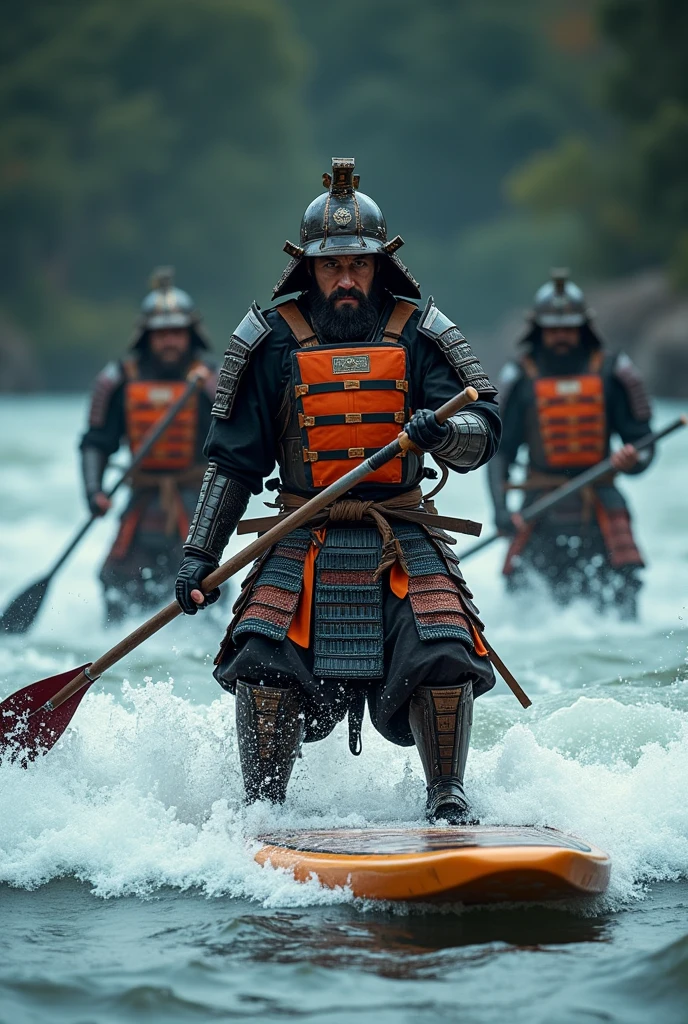 Highest quality、Ultra-high resolution、8k、RAW Photos、Japanese Samurai、group、((Enjoy stand-up paddle boarding))、Expressionless、Torrent、warrior、armor、pocket、knife、beard、Splash、cinematic lightening、Wearing an orange life jacket