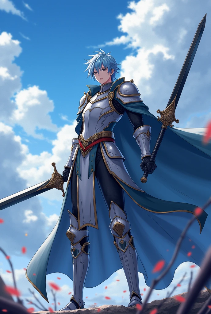 A male anime character with light blue hair. He is a brave knight. His weapons are two holy swords. The first one is a pure white sword with a light aura. The second one is a pitch-black sword with a dark aura.