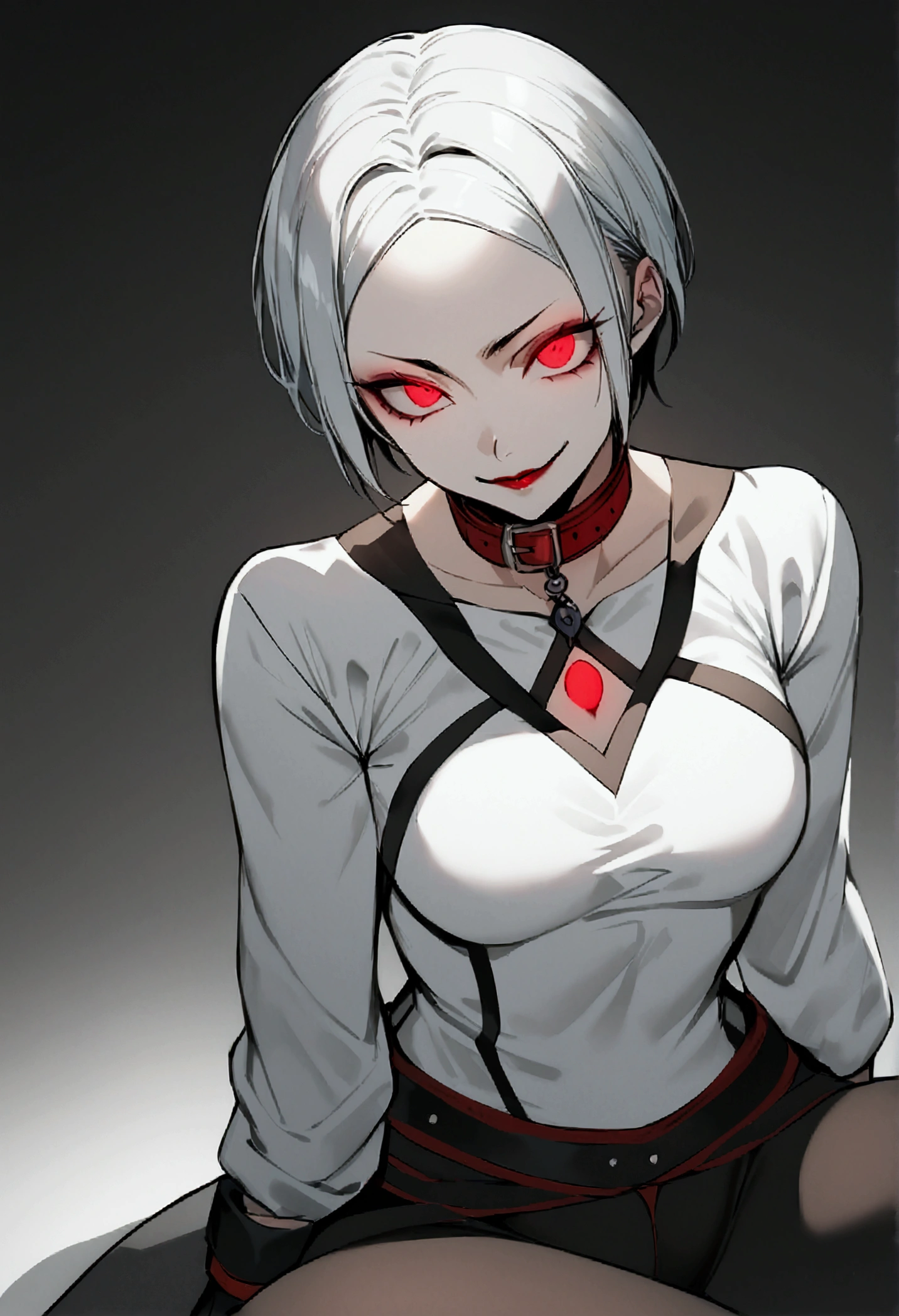 The eyes,fully body,sitting,alone,short hair,work of art,face detailed,young fitness linda,Wearing black pantyhose,tight white sweater with collar ,neckleace,evil smile,red eyes glowing,labiaa,eye shadow,bangs on the eyes,black gloves,usando The eyes
