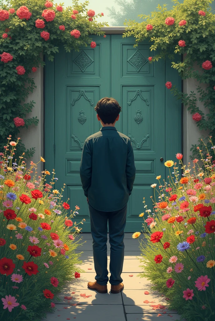 standing backwards, in front of the flower garden with the doors closed!