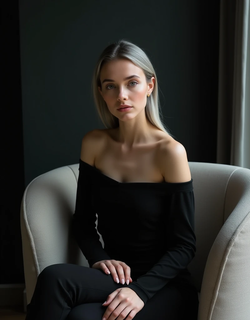 Girl sits elegantly on a modern soft chair, looks straight, Sits up straight, Against the background of a dark room, black off shoulder top, light gray long hair, good lighting, realistically, photo