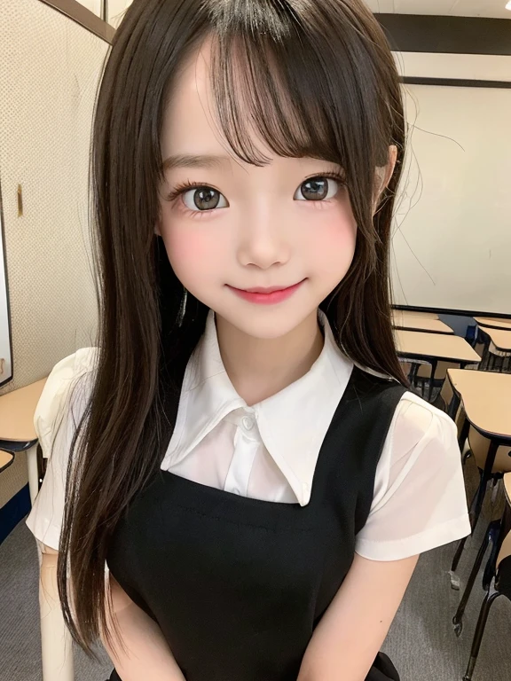 best quality, 8K, (8 years old:1.5, elementary school students:1.5, child girl:1.5), full body:2, (Extremely detailed eyes:1.5, Extremely detailed face), very cute face, open-breast clothes, white shirt, sleeveless, black skirt, white bra, school uniform, musume san, long hair, bangs, grey eyes, brown hair, medium breast, indoor, looking at viewer, nsfw, black thighhigh, Smile slightly, girl standing, 