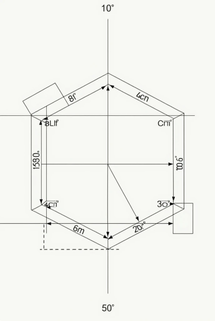 draw me a irregular hexagon sides of 4cm ,6cm ,4cm angles of 150°,30°, 20° label their sizes