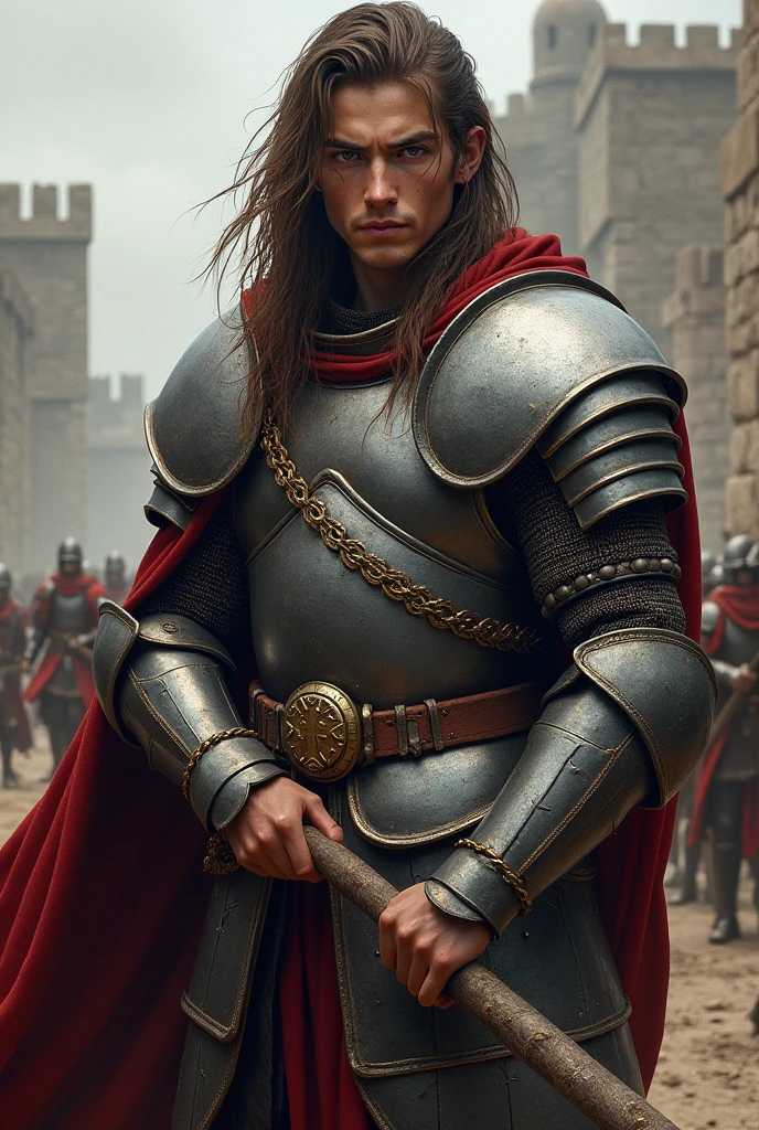 Short Italian soldiers, 27 years old, long brown hair, gray eyes, wearing sturdy medieval armor. The soldier holds a war hammer