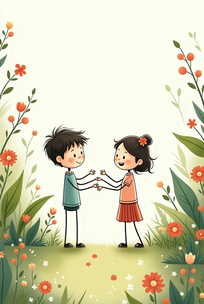 two kids in a stick figure, in a garden