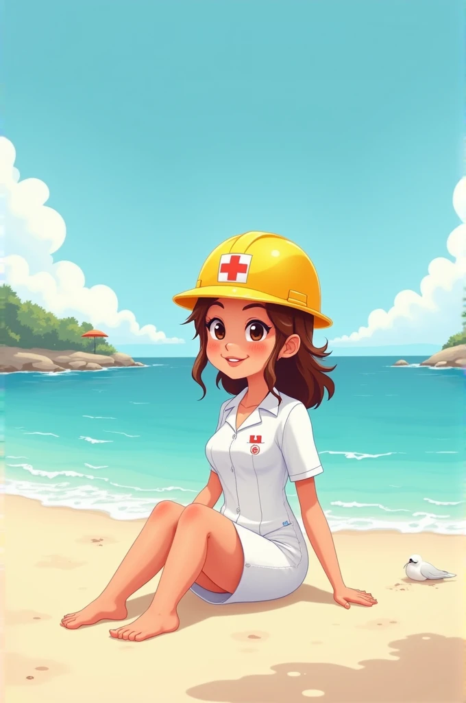 Cartoon of nurse wearing safety helmet wearing white uniform, Sitting on the shore of the beach