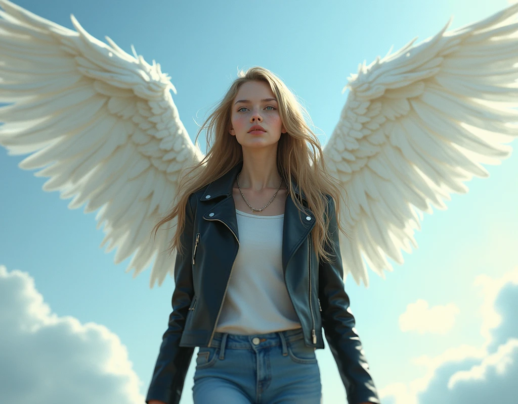 fille avec des longs cheveux magnifiques. Elle a les yeux bleus et sa peau est blanche. Elle porte une veste en cuir noir, Blue Jeans, et elle a des chaussures de ranger. Elle a deux grandes ailes blanches et elle vole dans le ciel. [fille] [ailes] [fantastique] [Beau]