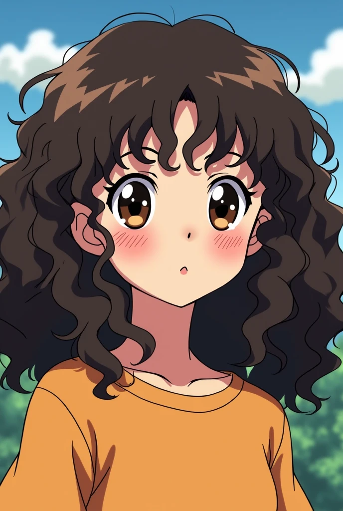 Girl with very curly dark brown hair with curly bangs, 90s anime version