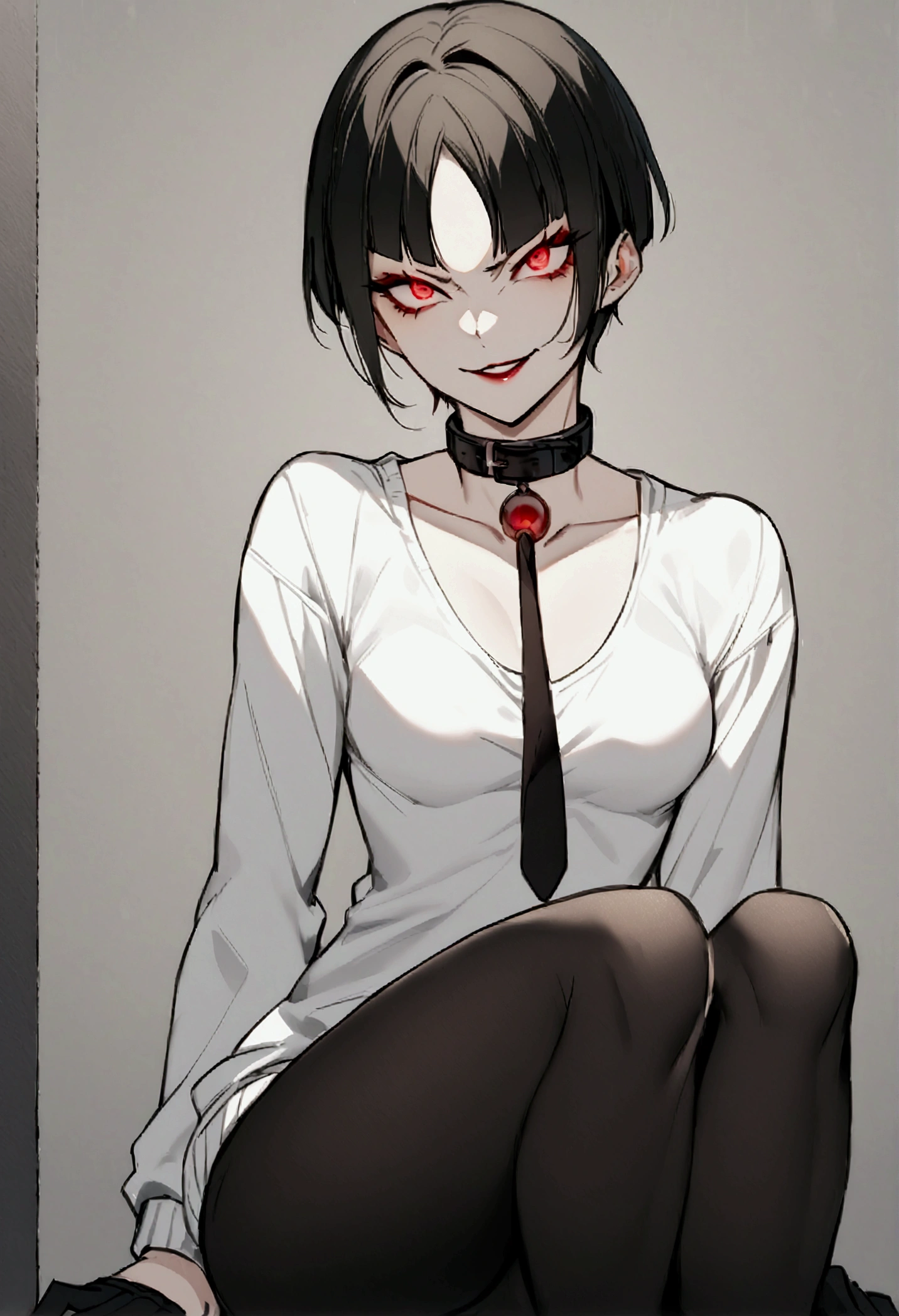 The eyes,fully body,sitting with legs open,alone,short hair,work of art,face detailed,young fitness linda,Wearing black pantyhose,tight white sweater with collar ,neckleace,evil smile,red eyes glowing,labiaa,eye shadow,bangs on the eyes,black gloves,usando The eyes