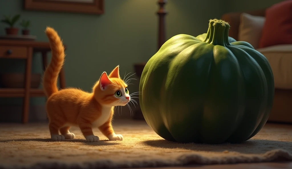 room, evening, cat encroaches on huge zucchini