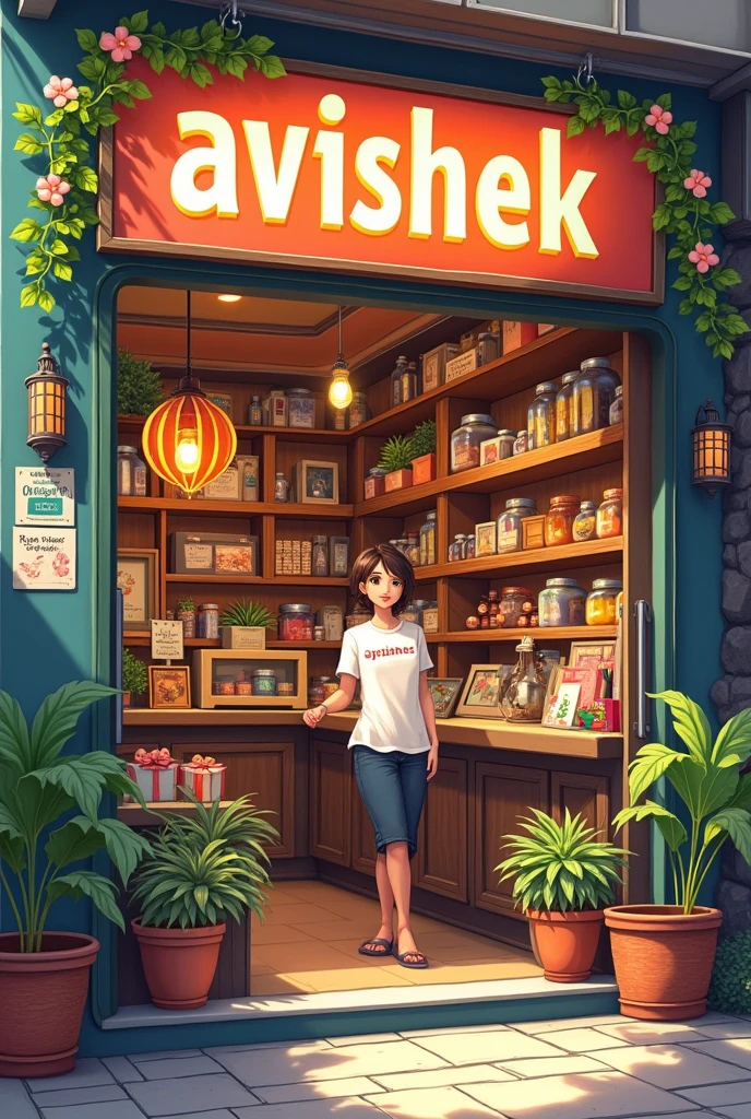 Create an image of a small gift shop with a signboard that reads 'AVISHEK SHOPS .' The shop is filled with various gift items on display. The shopkeeper, standing behind the counter, is wearing a T-shirt with the word 'DOKAN ' written on it. The overall atmosphere of the shop is warm and inviting, with colorful decorations and neatly arranged gifts