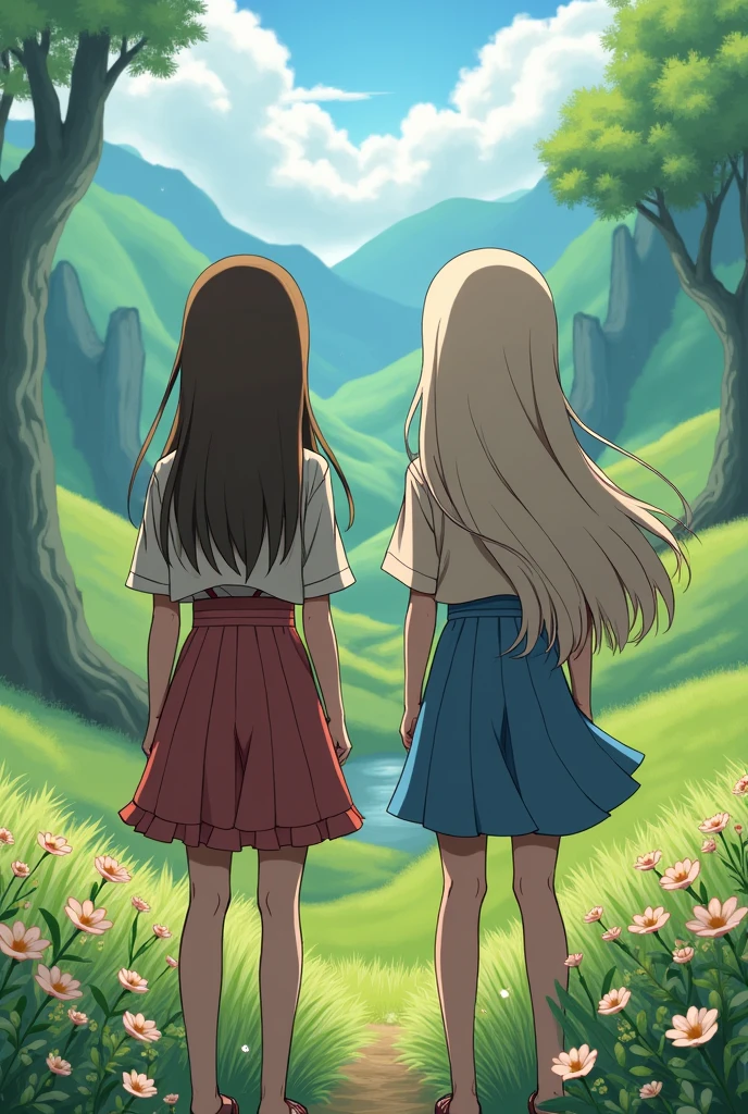 A pokemon landscape with two pretty girls, a straight brunette and a white-haired girl with brown hair and curls, both are the same height, both have long, loose hair, they are facing away from each other so their faces cannot be seen, they are wearing outfits inspired by the world of pokemon